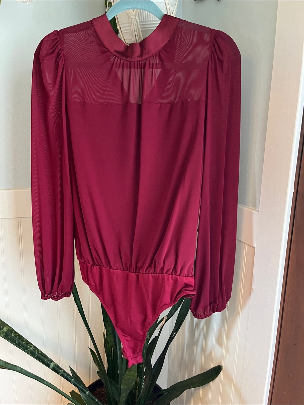 Lulu's Wine Long-Sleeve Sheer Yoke Bodysuit